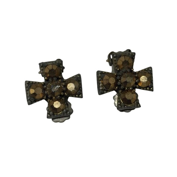 Women's Vintage WEISS Rhinestone Cross Shaped Clip On Earrings - Picture 1 of 4